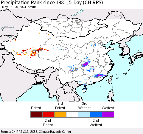 China, Mongolia and Taiwan Precipitation Rank since 1981, 5-Day (CHIRPS) Thematic Map For 5/16/2024 - 5/20/2024
