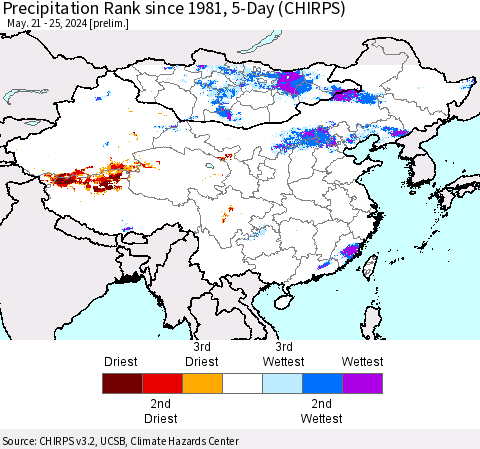 China, Mongolia and Taiwan Precipitation Rank since 1981, 5-Day (CHIRPS) Thematic Map For 5/21/2024 - 5/25/2024