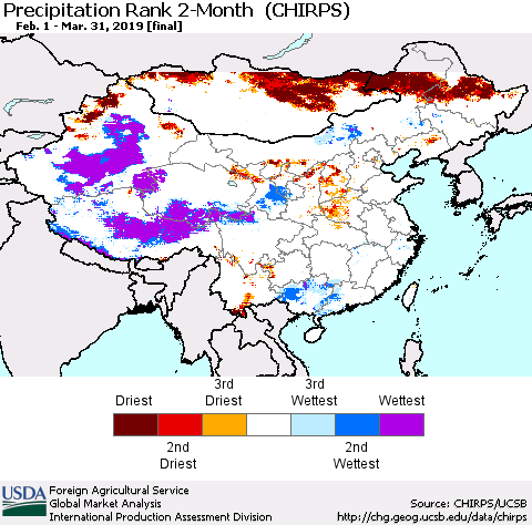 China and Taiwan Precipitation Rank 2-Month (CHIRPS) Thematic Map For 2/1/2019 - 3/31/2019