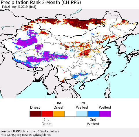 China and Taiwan Precipitation Rank 2-Month (CHIRPS) Thematic Map For 2/6/2019 - 4/5/2019