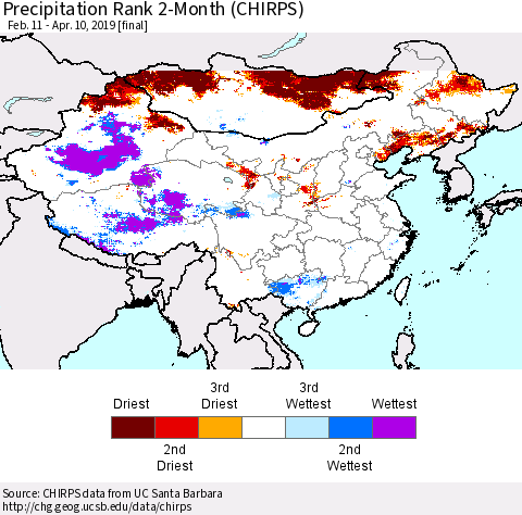 China, Mongolia and Taiwan Precipitation Rank since 1981, 2-Month (CHIRPS) Thematic Map For 2/11/2019 - 4/10/2019