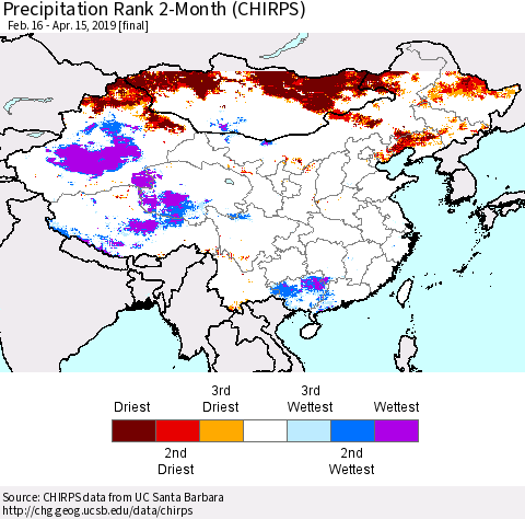 China, Mongolia and Taiwan Precipitation Rank since 1981, 2-Month (CHIRPS) Thematic Map For 2/16/2019 - 4/15/2019