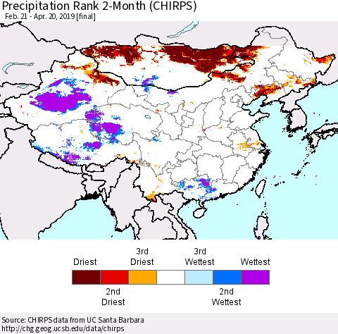 China and Taiwan Precipitation Rank 2-Month (CHIRPS) Thematic Map For 2/21/2019 - 4/20/2019