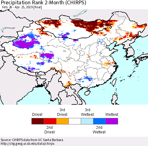 China, Mongolia and Taiwan Precipitation Rank since 1981, 2-Month (CHIRPS) Thematic Map For 2/26/2019 - 4/25/2019