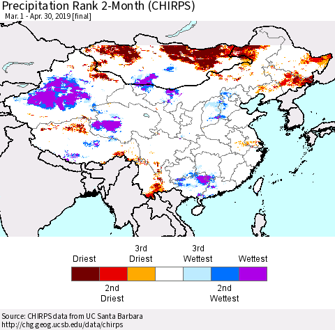 China and Taiwan Precipitation Rank 2-Month (CHIRPS) Thematic Map For 3/1/2019 - 4/30/2019