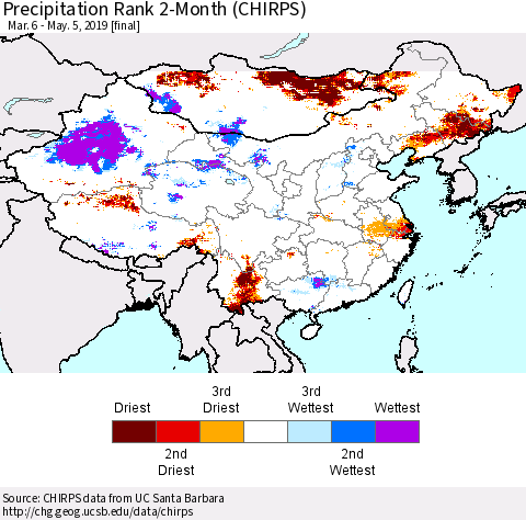 China and Taiwan Precipitation Rank 2-Month (CHIRPS) Thematic Map For 3/6/2019 - 5/5/2019