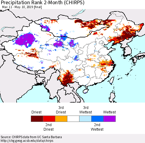 China, Mongolia and Taiwan Precipitation Rank since 1981, 2-Month (CHIRPS) Thematic Map For 3/11/2019 - 5/10/2019
