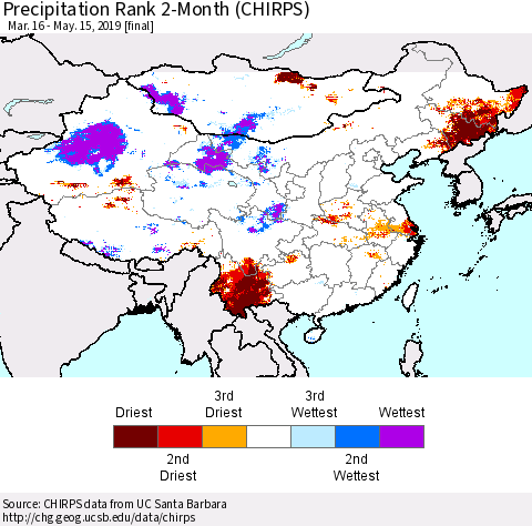 China and Taiwan Precipitation Rank 2-Month (CHIRPS) Thematic Map For 3/16/2019 - 5/15/2019