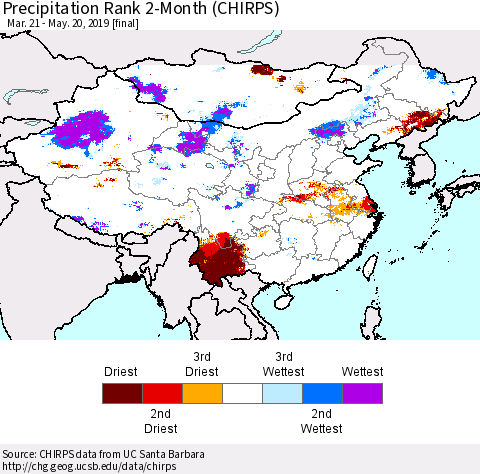 China and Taiwan Precipitation Rank 2-Month (CHIRPS) Thematic Map For 3/21/2019 - 5/20/2019