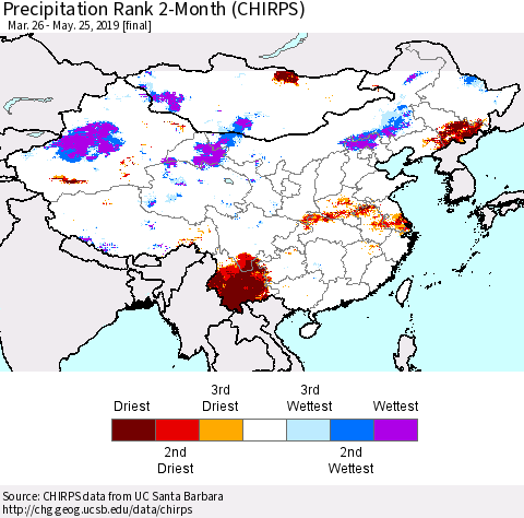 China and Taiwan Precipitation Rank 2-Month (CHIRPS) Thematic Map For 3/26/2019 - 5/25/2019