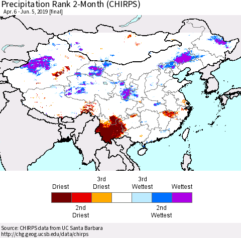 China and Taiwan Precipitation Rank 2-Month (CHIRPS) Thematic Map For 4/6/2019 - 6/5/2019
