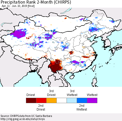 China, Mongolia and Taiwan Precipitation Rank since 1981, 2-Month (CHIRPS) Thematic Map For 4/11/2019 - 6/10/2019