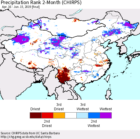 China and Taiwan Precipitation Rank 2-Month (CHIRPS) Thematic Map For 4/16/2019 - 6/15/2019