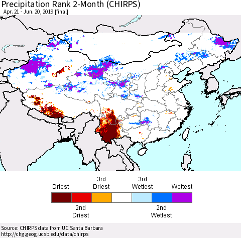 China and Taiwan Precipitation Rank 2-Month (CHIRPS) Thematic Map For 4/21/2019 - 6/20/2019
