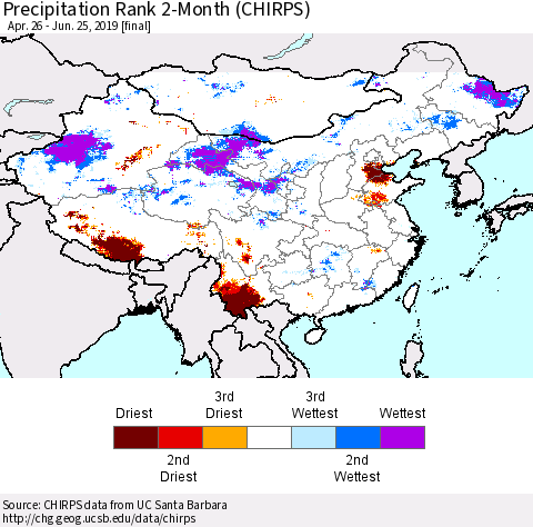 China and Taiwan Precipitation Rank 2-Month (CHIRPS) Thematic Map For 4/26/2019 - 6/25/2019