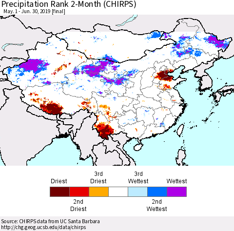 China and Taiwan Precipitation Rank 2-Month (CHIRPS) Thematic Map For 5/1/2019 - 6/30/2019