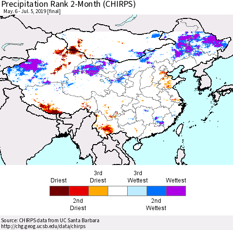 China and Taiwan Precipitation Rank 2-Month (CHIRPS) Thematic Map For 5/6/2019 - 7/5/2019