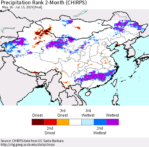 China and Taiwan Precipitation Rank 2-Month (CHIRPS) Thematic Map For 5/16/2019 - 7/15/2019