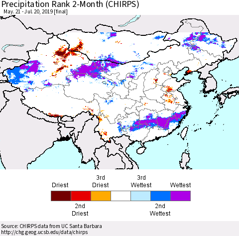 China and Taiwan Precipitation Rank 2-Month (CHIRPS) Thematic Map For 5/21/2019 - 7/20/2019