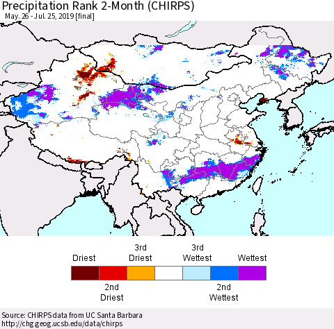 China and Taiwan Precipitation Rank 2-Month (CHIRPS) Thematic Map For 5/26/2019 - 7/25/2019