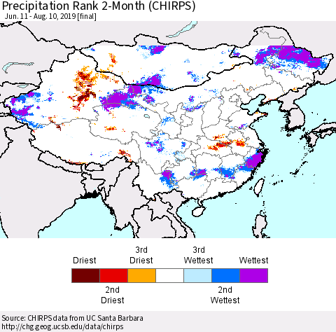 China, Mongolia and Taiwan Precipitation Rank since 1981, 2-Month (CHIRPS) Thematic Map For 6/11/2019 - 8/10/2019