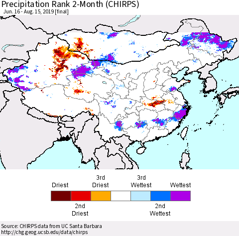 China and Taiwan Precipitation Rank 2-Month (CHIRPS) Thematic Map For 6/16/2019 - 8/15/2019