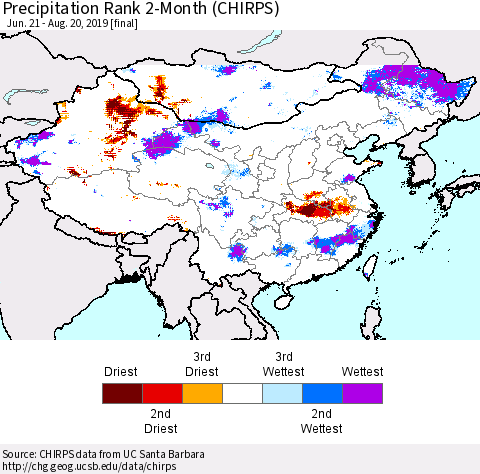 China and Taiwan Precipitation Rank 2-Month (CHIRPS) Thematic Map For 6/21/2019 - 8/20/2019