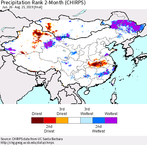 China and Taiwan Precipitation Rank 2-Month (CHIRPS) Thematic Map For 6/26/2019 - 8/25/2019