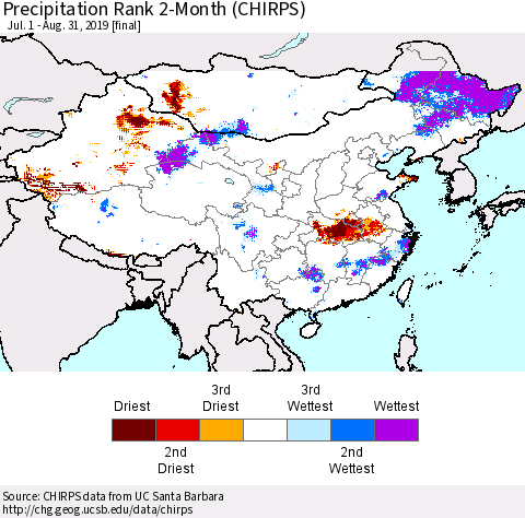 China and Taiwan Precipitation Rank 2-Month (CHIRPS) Thematic Map For 7/1/2019 - 8/31/2019