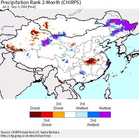 China and Taiwan Precipitation Rank 2-Month (CHIRPS) Thematic Map For 7/6/2019 - 9/5/2019