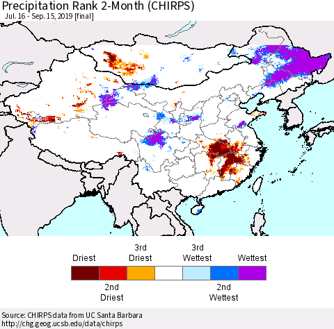China and Taiwan Precipitation Rank 2-Month (CHIRPS) Thematic Map For 7/16/2019 - 9/15/2019