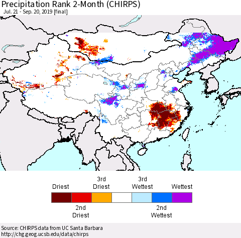 China and Taiwan Precipitation Rank 2-Month (CHIRPS) Thematic Map For 7/21/2019 - 9/20/2019