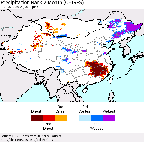 China and Taiwan Precipitation Rank 2-Month (CHIRPS) Thematic Map For 7/26/2019 - 9/25/2019