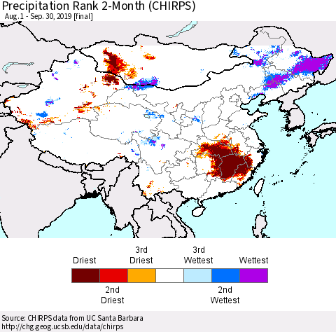 China and Taiwan Precipitation Rank 2-Month (CHIRPS) Thematic Map For 8/1/2019 - 9/30/2019