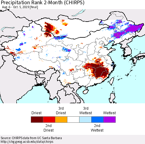 China, Mongolia and Taiwan Precipitation Rank since 1981, 2-Month (CHIRPS) Thematic Map For 8/6/2019 - 10/5/2019