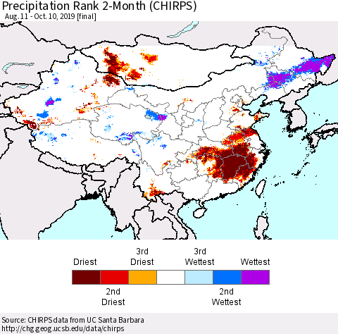 China and Taiwan Precipitation Rank 2-Month (CHIRPS) Thematic Map For 8/11/2019 - 10/10/2019