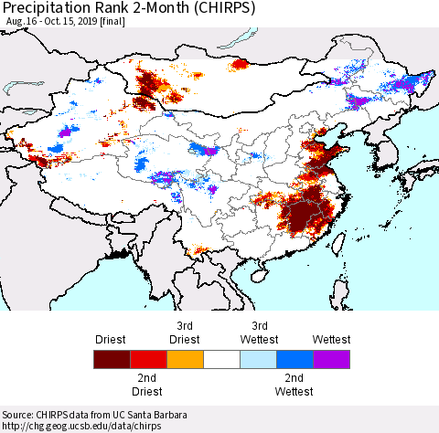 China and Taiwan Precipitation Rank 2-Month (CHIRPS) Thematic Map For 8/16/2019 - 10/15/2019
