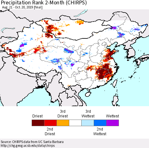 China and Taiwan Precipitation Rank 2-Month (CHIRPS) Thematic Map For 8/21/2019 - 10/20/2019