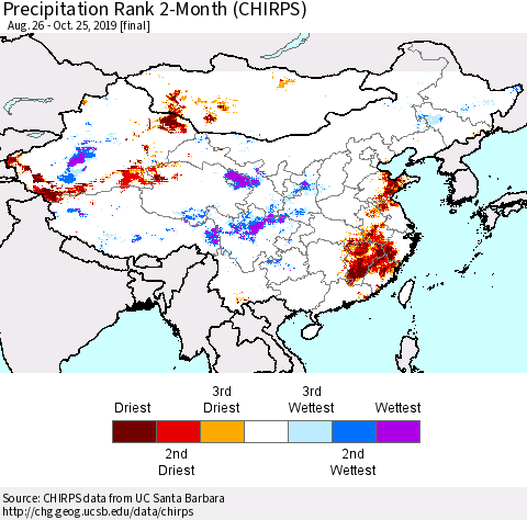 China and Taiwan Precipitation Rank 2-Month (CHIRPS) Thematic Map For 8/26/2019 - 10/25/2019