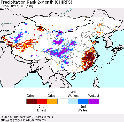 China and Taiwan Precipitation Rank 2-Month (CHIRPS) Thematic Map For 9/6/2019 - 11/5/2019