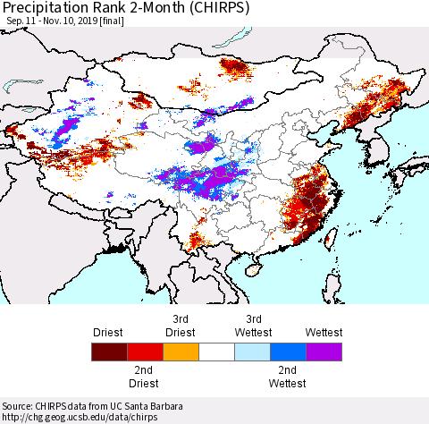China and Taiwan Precipitation Rank 2-Month (CHIRPS) Thematic Map For 9/11/2019 - 11/10/2019