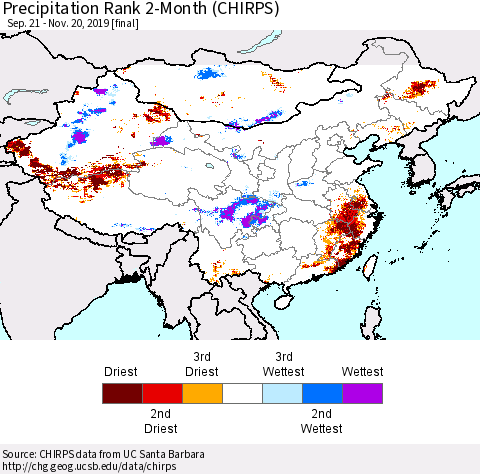 China and Taiwan Precipitation Rank 2-Month (CHIRPS) Thematic Map For 9/21/2019 - 11/20/2019