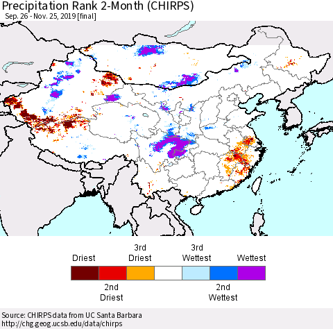 China and Taiwan Precipitation Rank 2-Month (CHIRPS) Thematic Map For 9/26/2019 - 11/25/2019