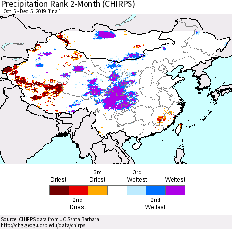 China and Taiwan Precipitation Rank 2-Month (CHIRPS) Thematic Map For 10/6/2019 - 12/5/2019