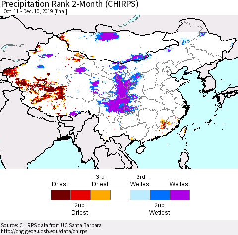 China and Taiwan Precipitation Rank 2-Month (CHIRPS) Thematic Map For 10/11/2019 - 12/10/2019