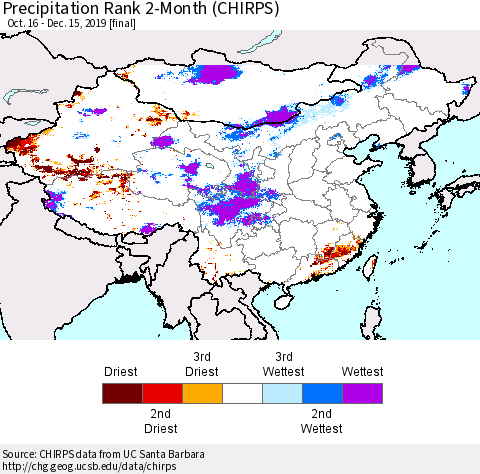 China and Taiwan Precipitation Rank 2-Month (CHIRPS) Thematic Map For 10/16/2019 - 12/15/2019