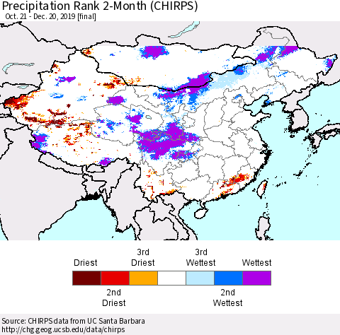 China and Taiwan Precipitation Rank 2-Month (CHIRPS) Thematic Map For 10/21/2019 - 12/20/2019