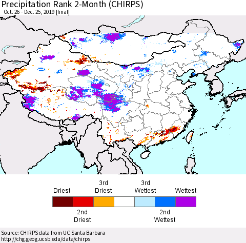 China, Mongolia and Taiwan Precipitation Rank since 1981, 2-Month (CHIRPS) Thematic Map For 10/26/2019 - 12/25/2019