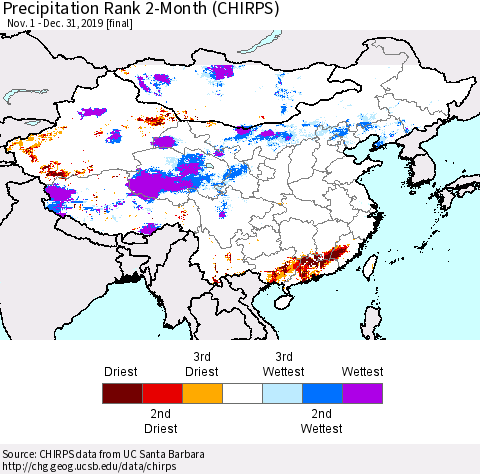 China and Taiwan Precipitation Rank 2-Month (CHIRPS) Thematic Map For 11/1/2019 - 12/31/2019