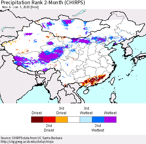 China and Taiwan Precipitation Rank 2-Month (CHIRPS) Thematic Map For 11/6/2019 - 1/5/2020